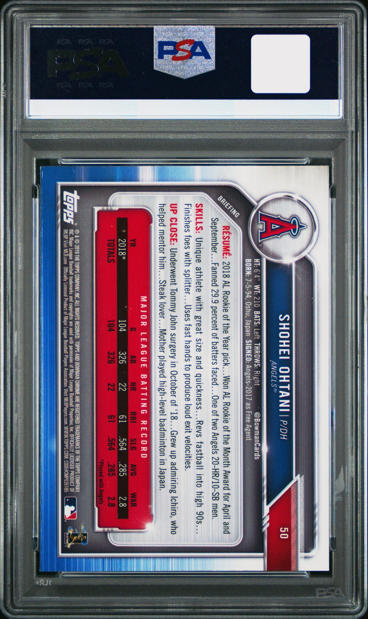 SHOHEI OHTANI #50 - 2019 Bowman Chrome(2nd Year) - PSA 10