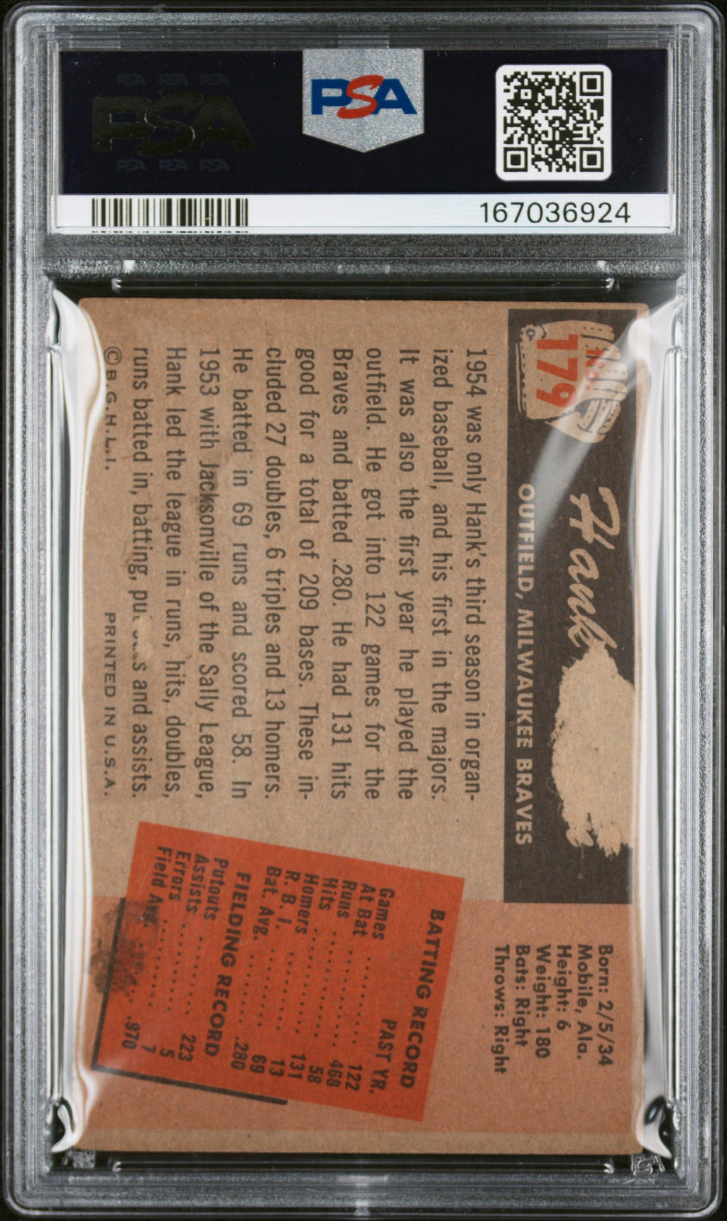 HANK AARON #179 - 1955 BOWMAN PSA 1.5 Nice eye appeal for grade!