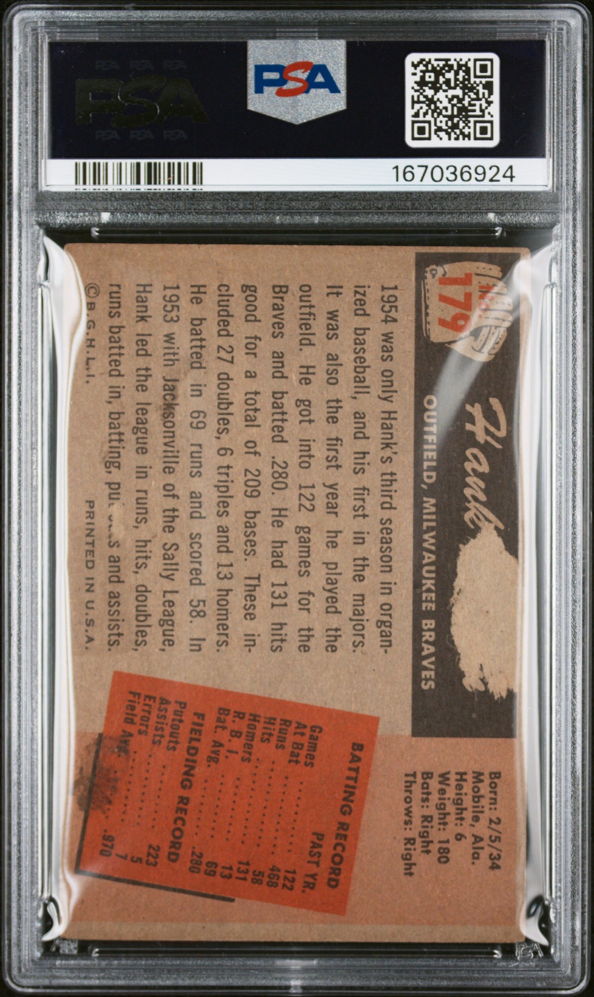 HANK AARON #179 - 1955 BOWMAN PSA 1.5 Nice eye appeal for grade!
