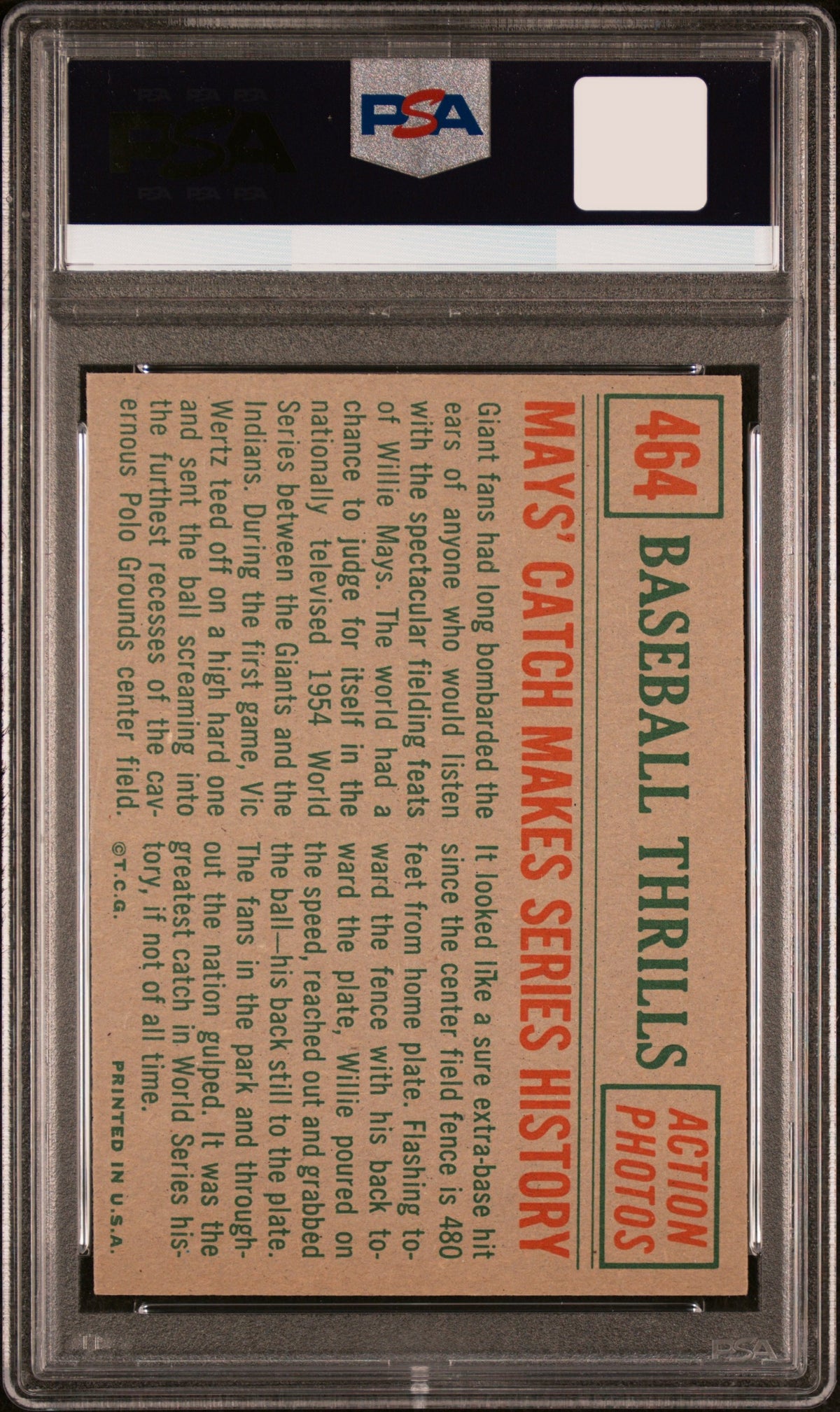 WILLIE MAYS #464 - 1959 Topps - Mays' Catch Makes Series History - PSA 8(OC)