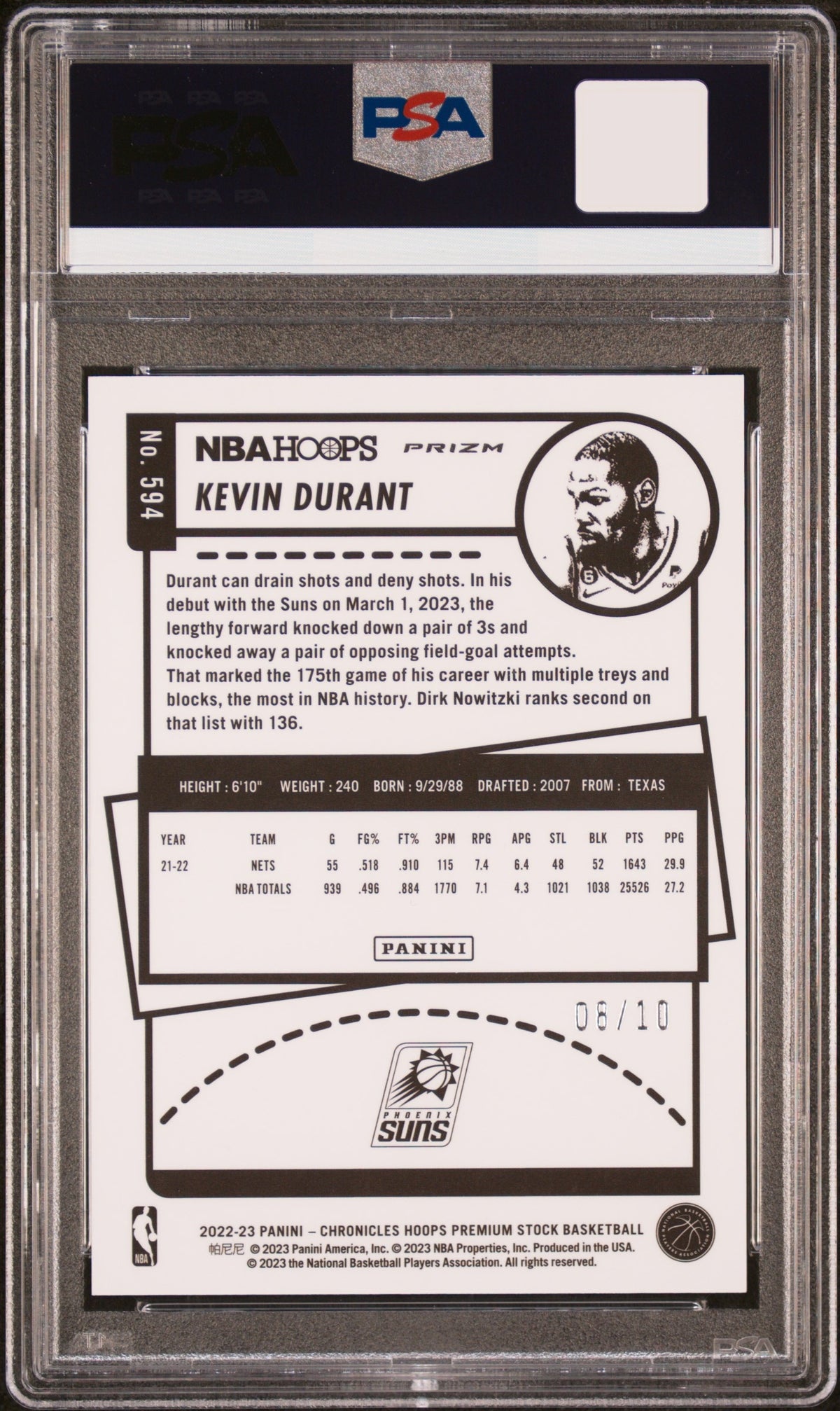 Kevin Durant #594 Gold /10 - 2022 Chronicles NBA Hoops Prizm - PSA 9